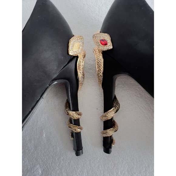 Azalea Wang Size 10 Snake Shoes Black Satin Stilleto Dramatic Slip On Almond Toe - Picture 11 of 16